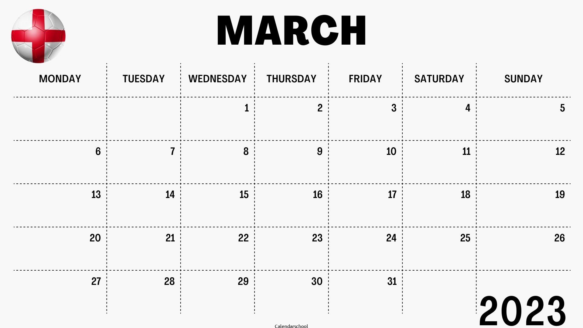 March 2023 Calendar with Holidays England