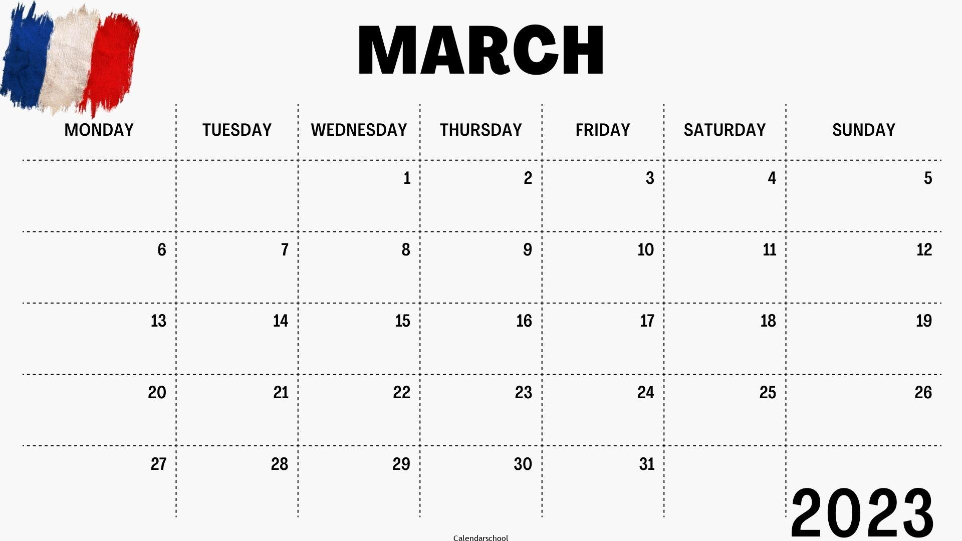 March 2023 Calendar with Holidays France