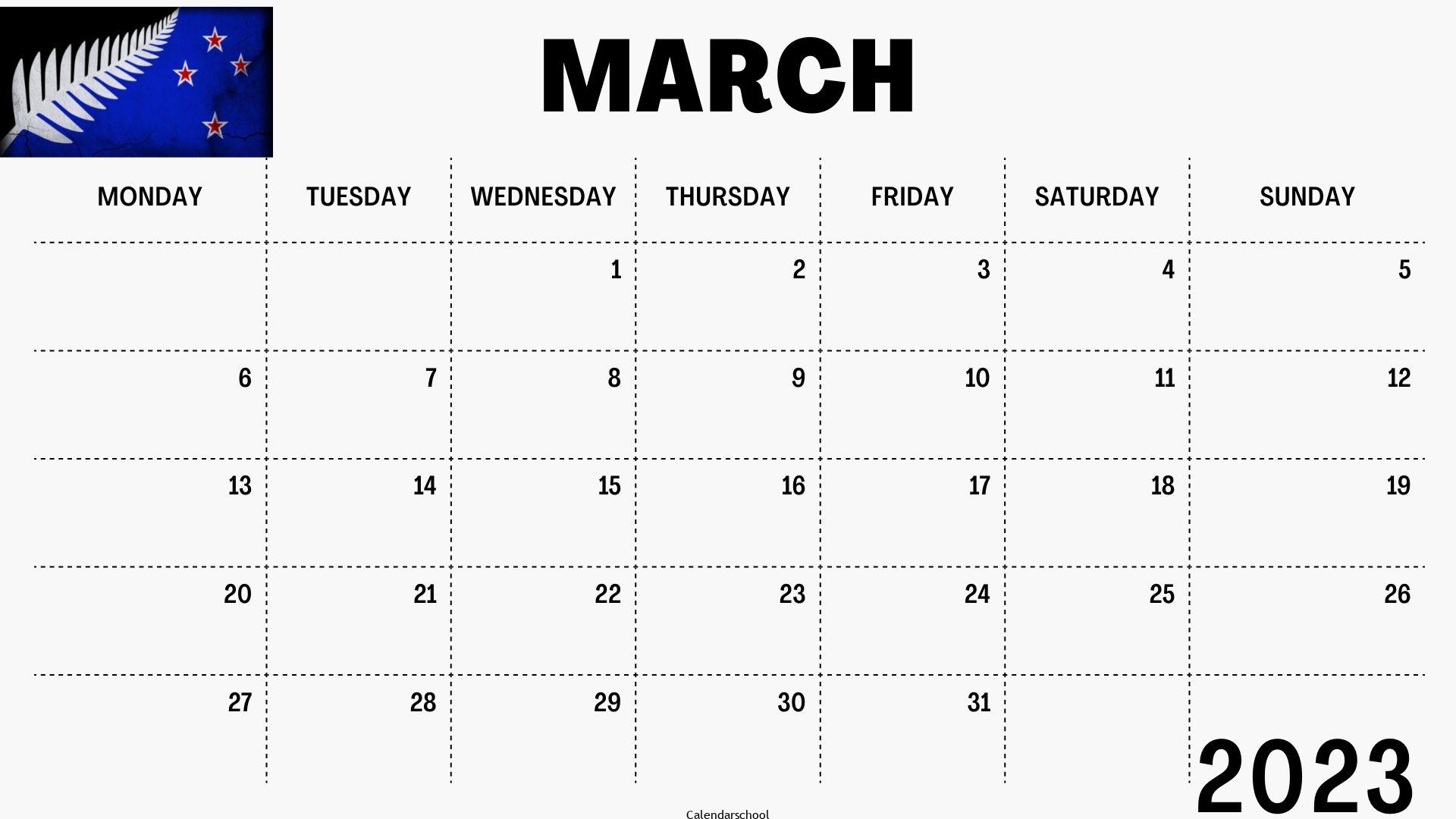 March 2023 Calendar with Holidays NewZeland