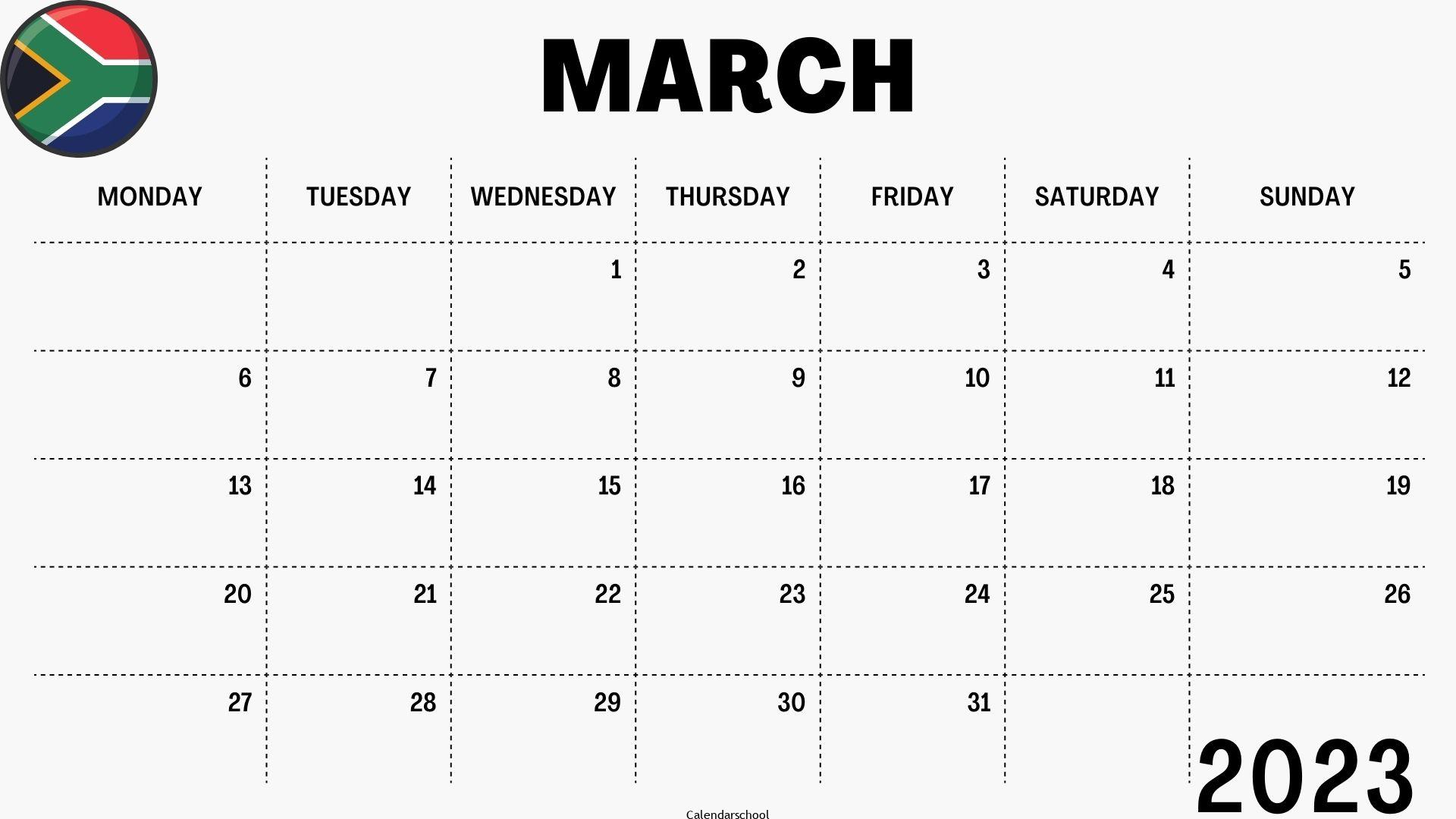 March 2023 Calendar with Holidays South Africa