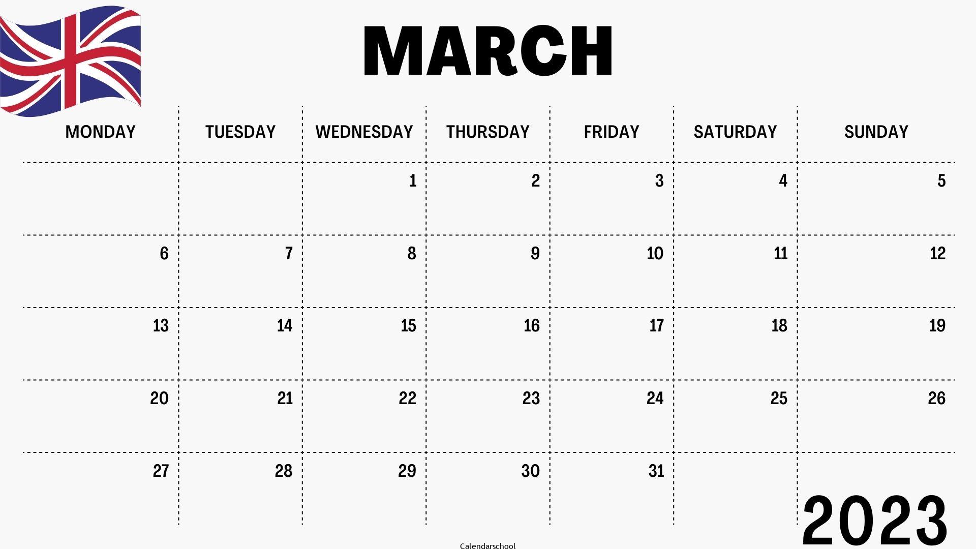 March 2023 Calendar with Holidays UK