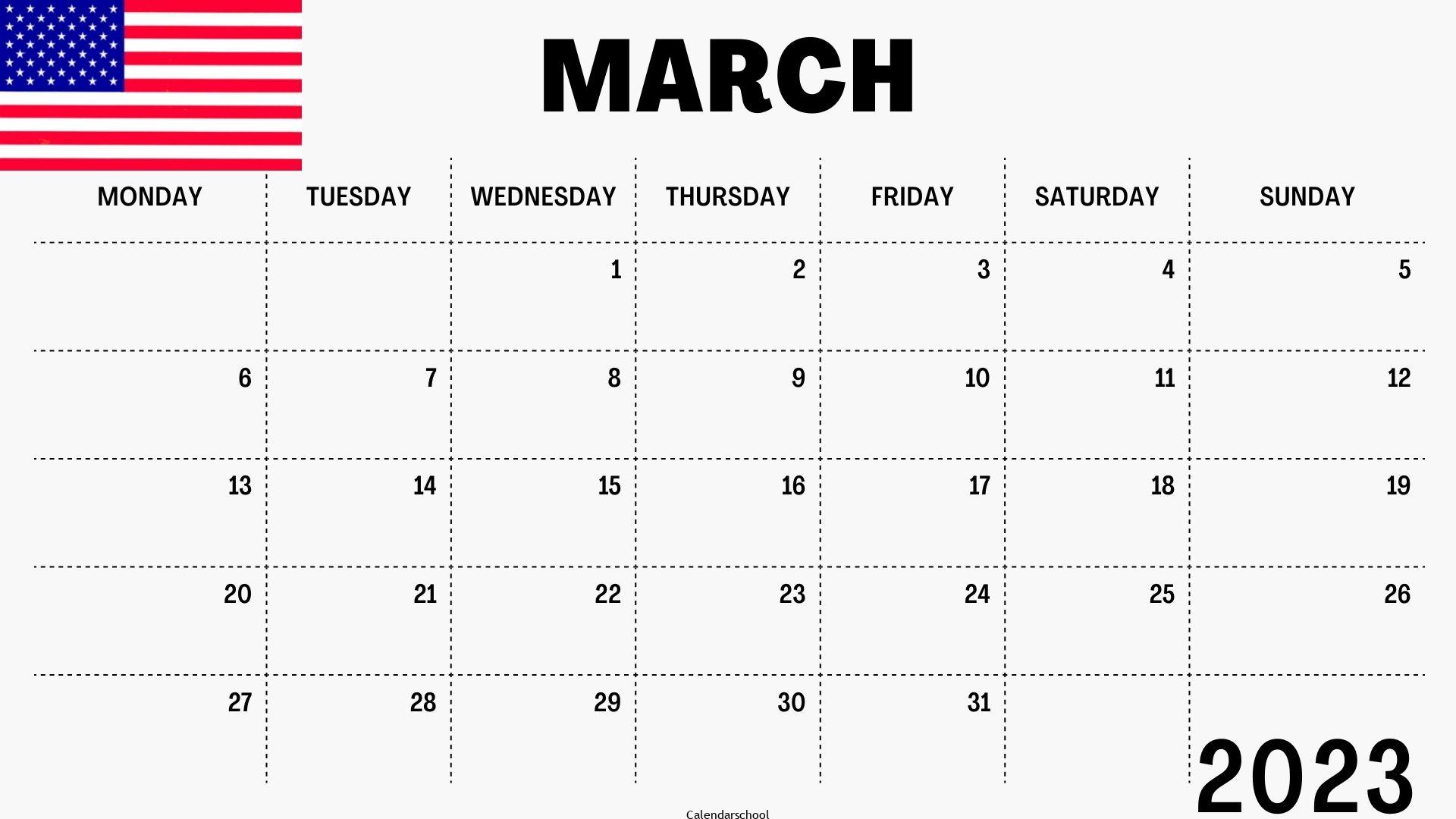 March 2023 Calendar with Holidays USA