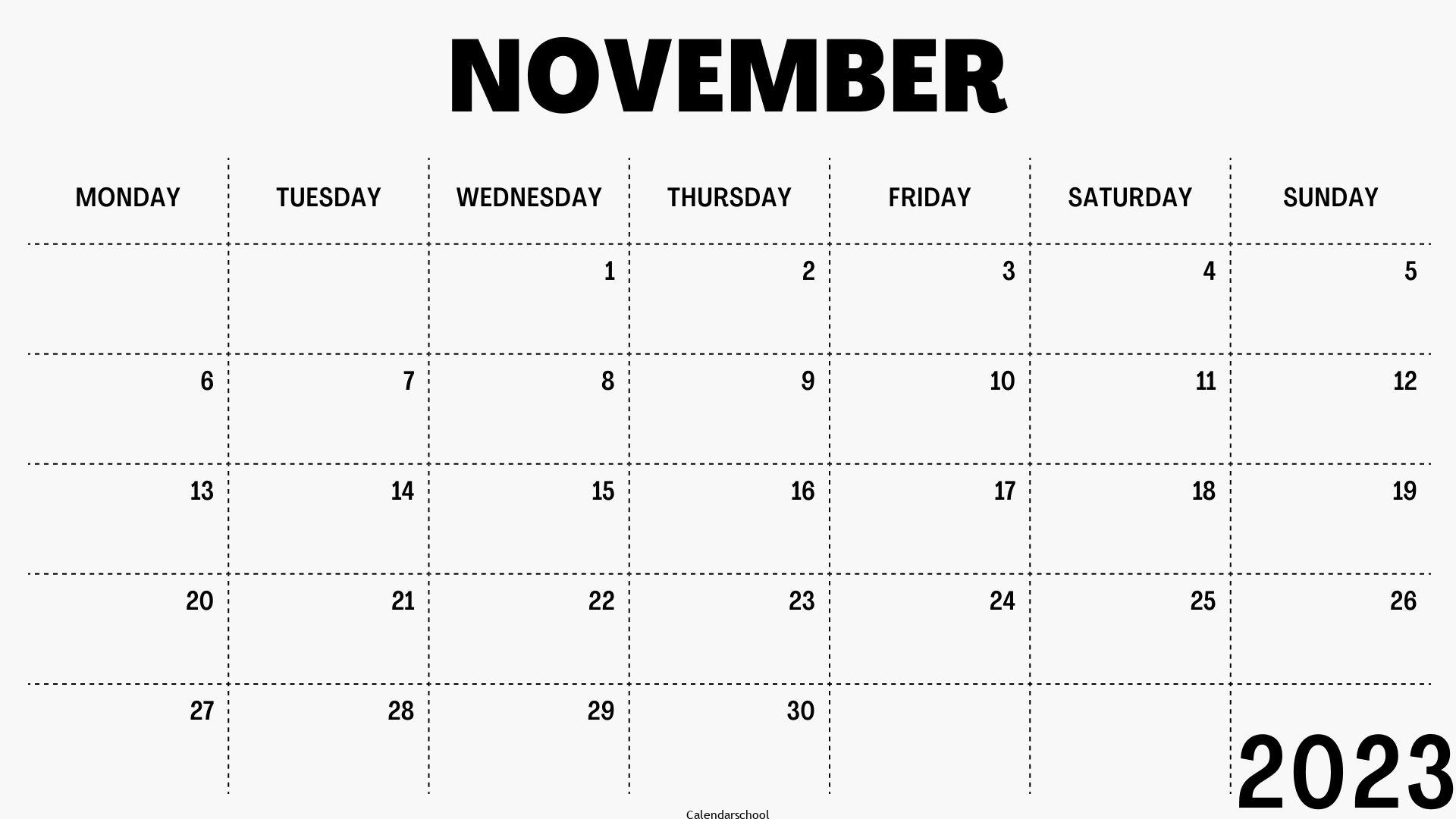November Calendar 2023 Printable