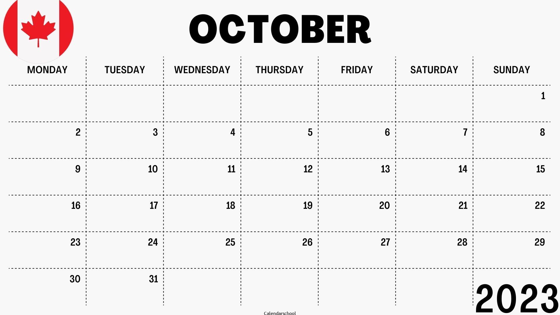 October 2023 Calendar with Holidays Canada
