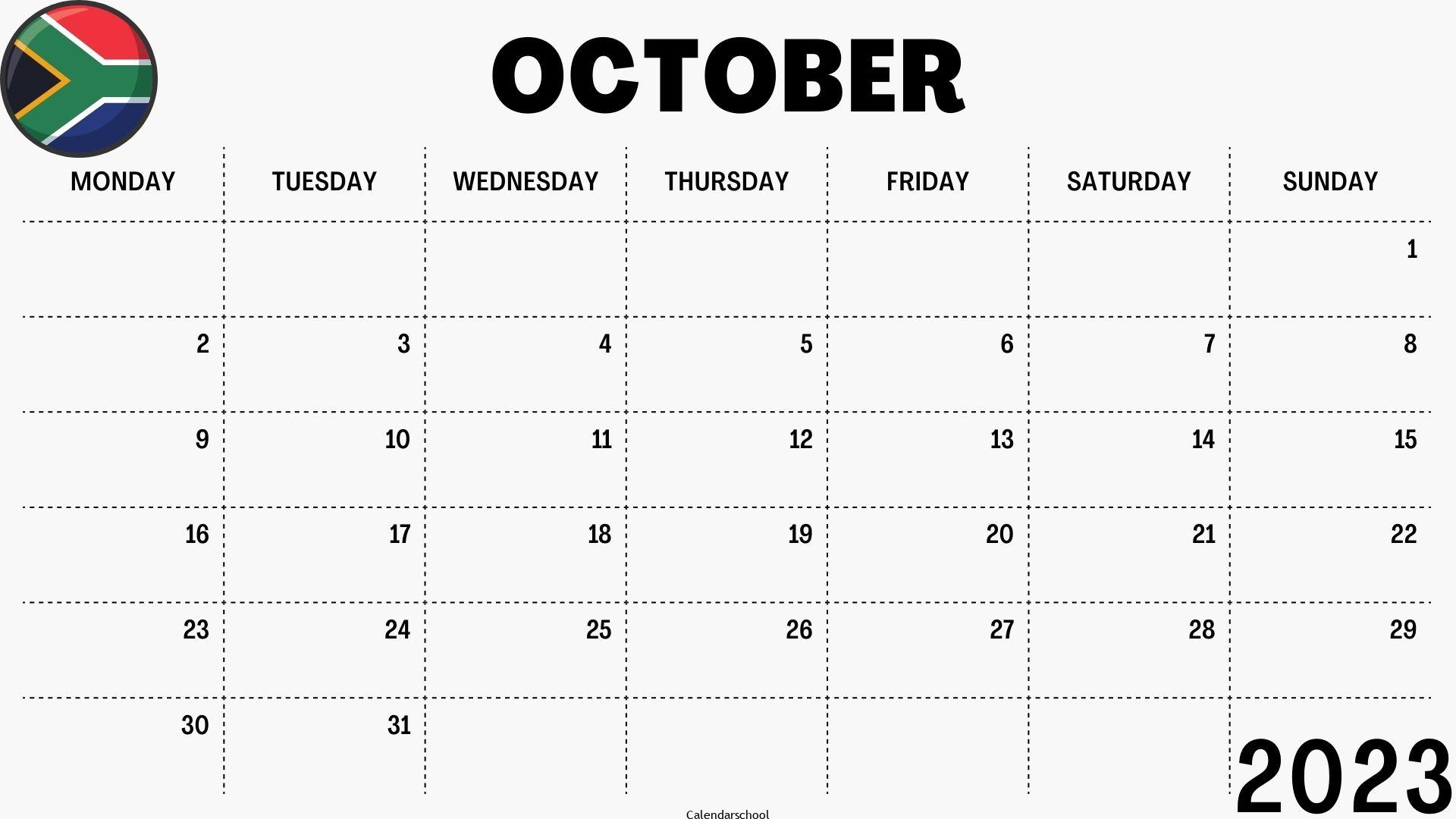 October 2023 Calendar with Holidays South Africa