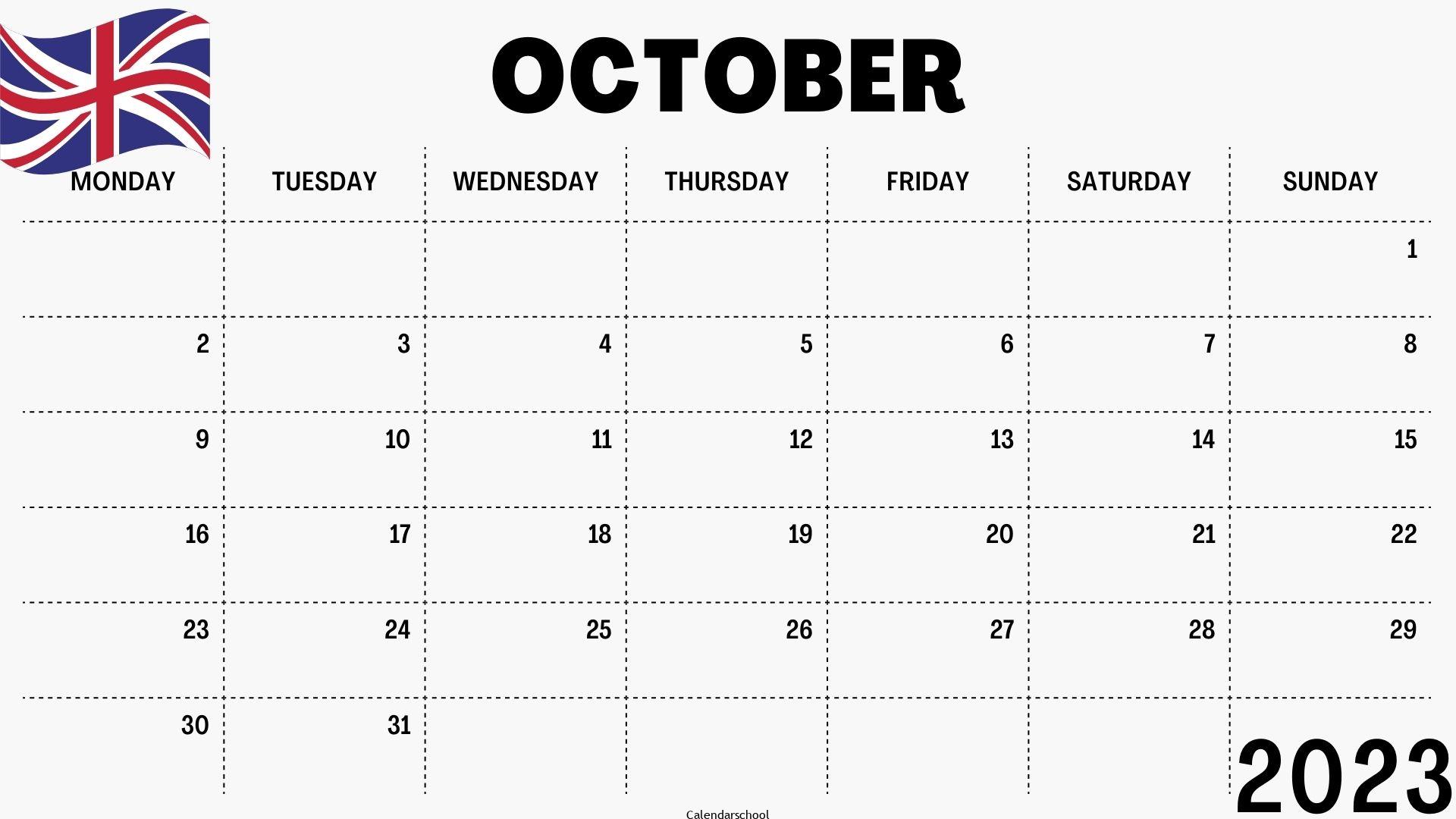 October 2023 Calendar with Holidays UK
