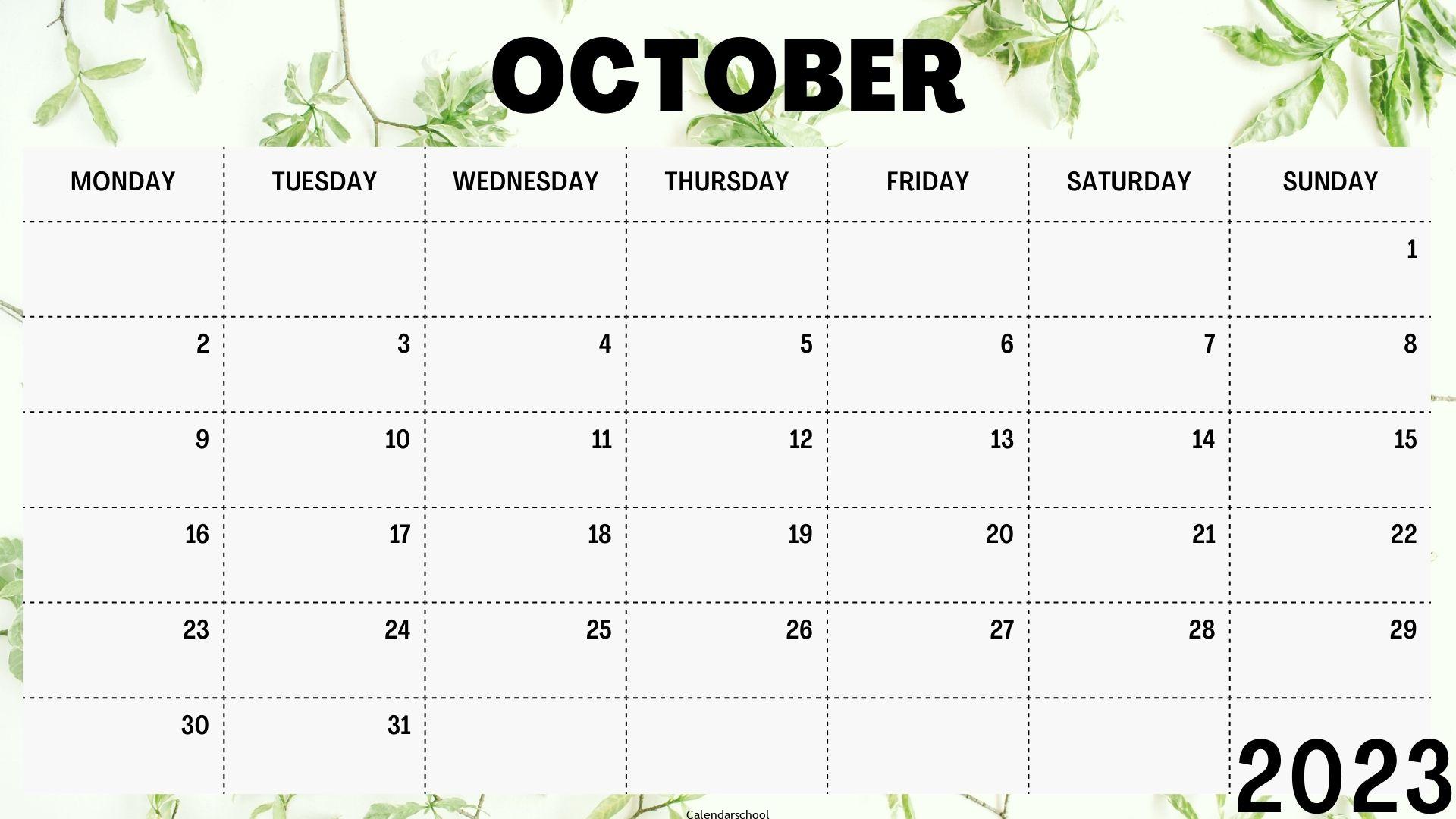 October 2023 Printable Calendar Free Download