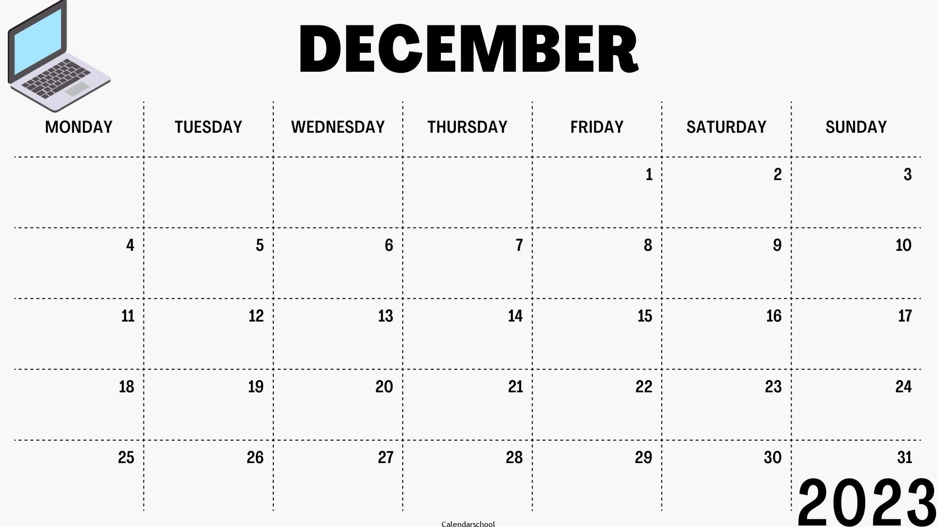 Printable Monthly Calendar December 2023