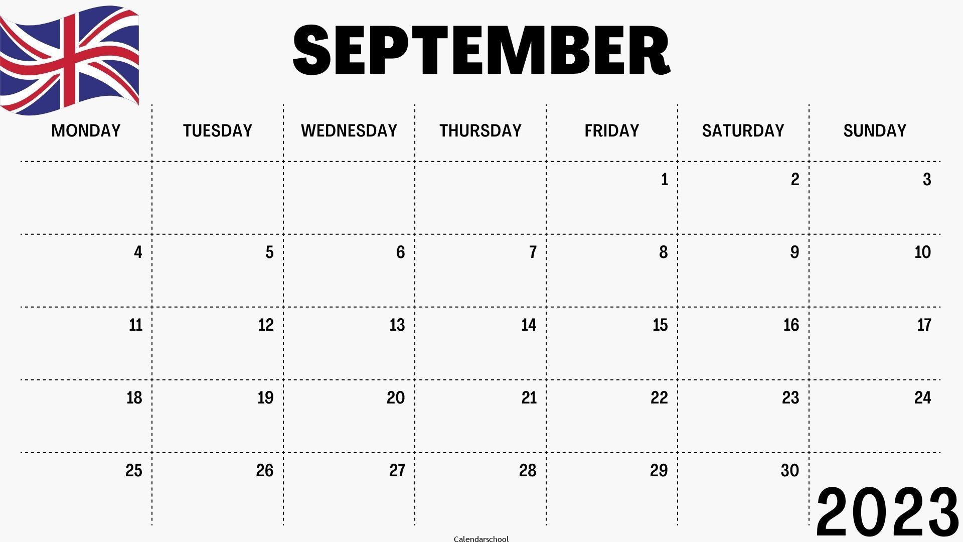 September 2023 Calendar with Holidays UK